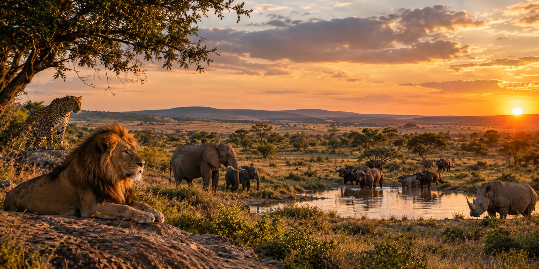 Os Big Five reunidos na savana ao pôr do sol: leão, leopardo, elefantes, búfalos e rinoceronte